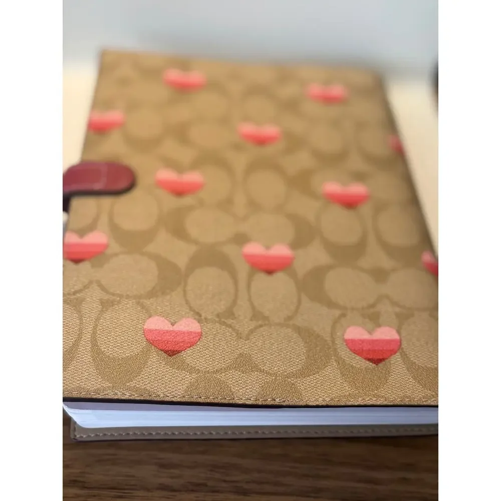 Coach Signature Coated Canvas Leather Heart Stripe Light Khaki Pink Notebook